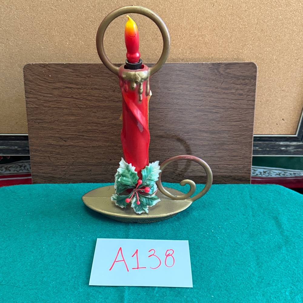 1950’s Festive Red Blow mold lighted Candle Holder with Holly Accents
